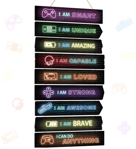 Chunful Set of 9 Boys Room Bedroom Decor Boys Inspirational Wall Decor Wood Hanging Plaque Motivational Kids Bedroom Wall Sign for Kids Teenage Toddler(Game)