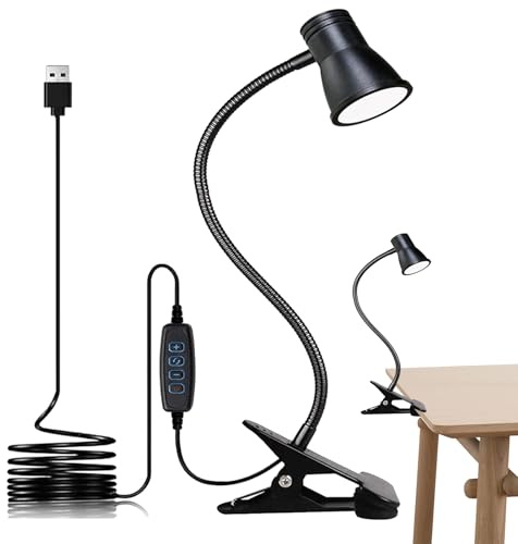 Smileshiney Lampe à pince | Lampe à pince de protection des yeux – 3 modes 10 luminosités lampe LED, lampe de lecture flexible à 360 degrés, lampe de lecture USB pour la maison et le bureau