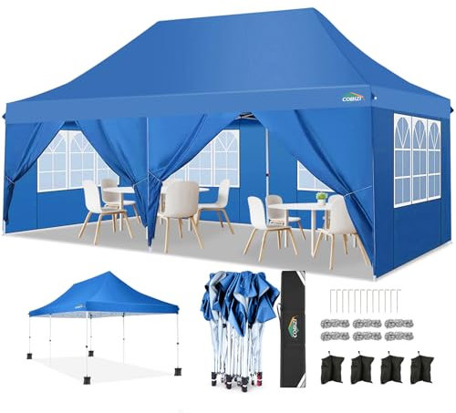 COBIZI Pavillon 3x6,Faltpavillon 3x6 Wasserdicht Stabil, Partyzelt mit 6 Seitenwänden, Upgrade-Hochdach und Tragetasche, Outdoor Pop Up Gartenpavillon für Fest, Hochzeit, Picknick, Markt, UV 50+