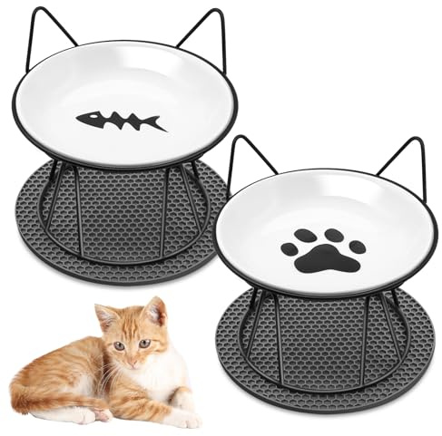Avmvnvc Set di 2 Ciotole per Gatti Rialzate - Ciotola per Gatti e Cani in Ceramica - Ciotola Gatto con Supporto in Metallo e Tappetini Antiscivolo - Ciotole per Cani Piccoli, Gattini