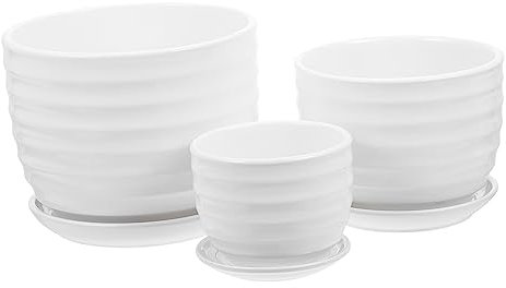 INOOMP Keramik Blumentopf mit Untersetzer, Weiß, Wellenmuster