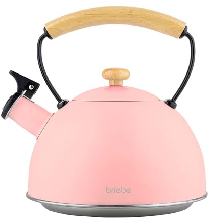 briebe Retro Bouilloire Induction Sifflante 2,3L, Acier Inoxydable, Tout Feux: Plaque Vitrocéramique, Gaz, Électrique, Poignée en Bois Cool Touch, Vintage, Pour Thé, Café, Tea Pot, Rose
