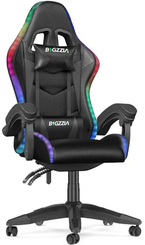 bigzzia Gaming Stuhl mit LED - Gaming Sessel Ergonomischer PC Stuhl mit Kopfstütze, Gaming Chair RGB Licht Beleuchtung Computerstuhl, Gamer Stuhl für Jugendliche und Erwachsene, Schwarz