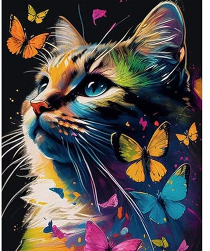 JATOK Malen nach Zahlen Erwachsene, Bunte Katze, 40 x 50 cm | Gerollte Leinwand ohne Rahmen mit Acrylfarben und Pinseln Pinseln Handgemalt Ölgemälde Leinwand DIY-Projekt für Anfänger
