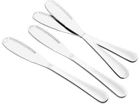 Sirmme Butter Knife 4 PCS, Stainless Steel Spreader with Curler & Grater Holes, Serrated Cutter Edge for Easy Slice & Spread, Ideal for Hard or Soft Butter - 3 in 1 Better Kitchen Gadgets