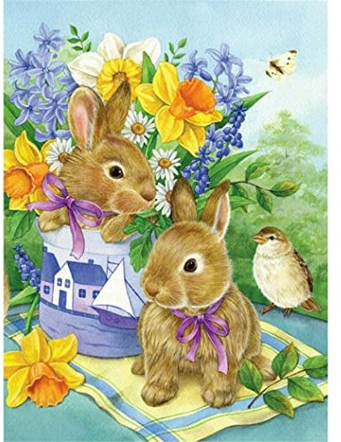 TNXEV Diamantmalerei, voller Diamant, Kaninchen und Hyazinthe, kleine Gänseblümchen, Blumentiere, runder Diamant, Kunstharz, 40 x 40 cm