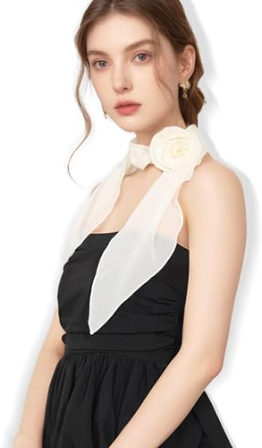 JENSVOIR Chiffon Scarf for Women, Cream Removable Flower Neck Scarf Light Soft Fashion Rose Scarves Versatile Headband or Hair Band