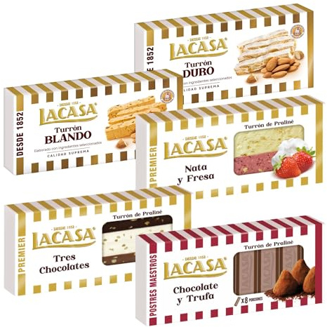 Surtido Turrones Lacasa: 5 tabletas de turron variadas: Blando, Duro, Chocolate y trufa, Nata y fresa y Tres chocolates