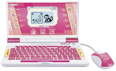VTech Genio XL bilingue Espagnol-Anglais, Couleur Rose, Ordinateur interactif, Jouets électroniques à partir de 5 Ans, 164 activités éducatives, Clavier QWERTY, Souris, Jeux, Musique, Sciences