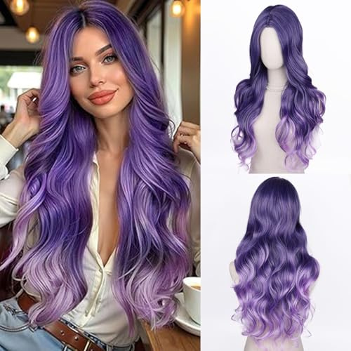 Fulang Hair Peluca larga de color púrpura mezclado morado ondulado para mujer, peluca sintética larga rizada resistente al calor Ombre pelucas Peruka para mujer cabello natural para uso diario