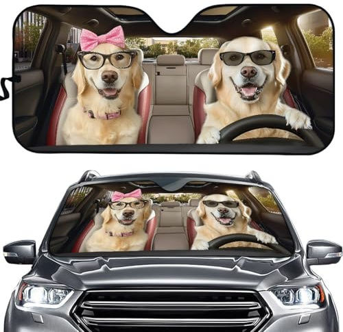 Auto Sonnenschutz, Windschutzscheiben Abdeckung, Universal Größe, Lustige Safari Design，Optischer 3D-Effekt, Beschattung und Kühlung, schützt die Instrumente (Niedliches Hundepärchen)
