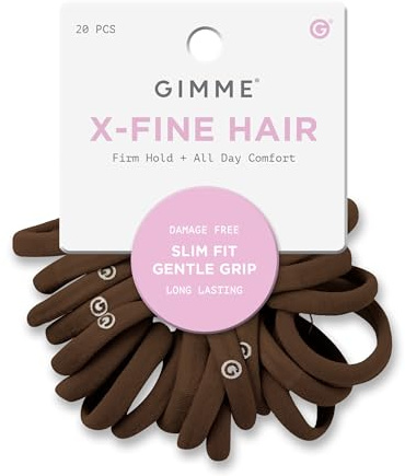 Gimme Beauty X-Fine Hair Bands - Slim-Fit Elastic Ties for Extra Fine Hair - No-Dent, Gentle-Grip Ponytail Holders for All-Day Comfort - 20 Pack, Light Brown
