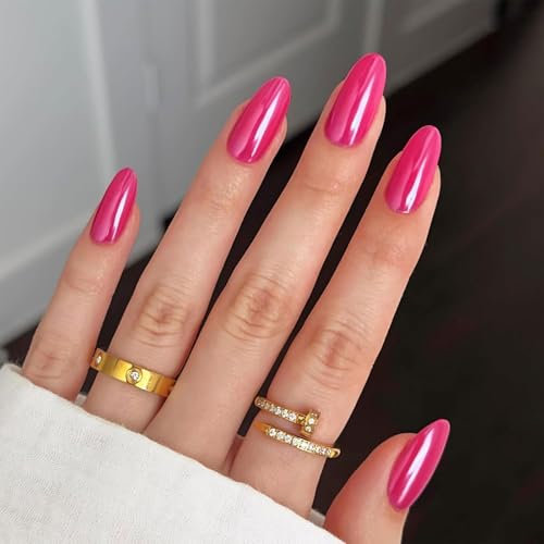 LunarCharm 24 pièces ongles pressés rose vif amande, faux ongles courts amande, ensemble d'ongles réutilisable avec languettes adhésives lime à ongles mini