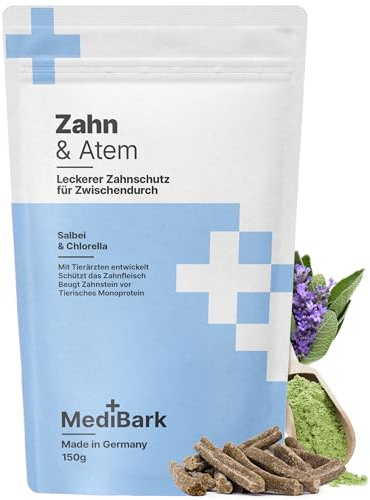 MediBark Zahn & Atem - Hundeleckerli mit Salbei & Chlorella - 100% natürliche Zahnfplege - Kausnack für gesundes Zahnfleisch - Glutenfrei & Zuckerfrei - Leckerlis gegen Zahnstein & Plaque