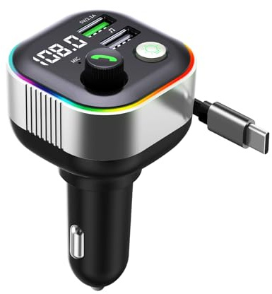 Zynkloac Bluetooth 5.4 FM-Transmitter Auto-Musikadapter, geeignet für Autoradios, Bluetooth-Freisprecheinrichtungen für Zigarettenanzünder im Auto, USB-C-Ladekabel mit ausziehbarer Länge