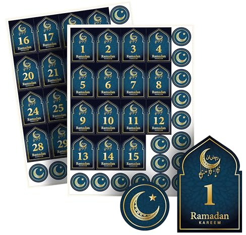 Ramadan Kalender Aufkleber – 30 Ramadan Zahlen Aufkleber 1-30 und Verschluss Sticker – für Ramadan Kalender zum Befüllen Kinder und Erwachsene – Ramadan Deko mit Eid Mubarak Sticker gold (Blau)