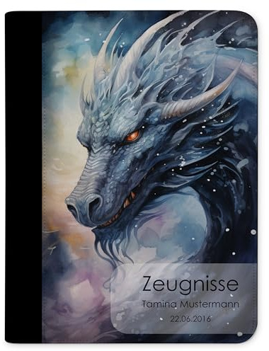 CreaDesign Zeugnismappe A4 mit Namen personalisiert – Drache – für Jungen – Dokumentenmappe Schule ohne Klarsichthüllen