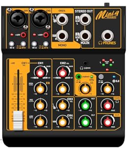Mesa Mezclas DJ, Mezclador Mini4 de 4 canales, mezclador de audio con cuerpo metálico, tarjeta de sonido Bluetooth 5.0 OTG Reverb 48V