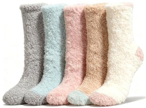 AHEJIOO 5 Paar Kuschelsocken Damen - Flauschige Socken aus Korallenfleece, warme Wintersocken und Schlafsocken Größe 36-42, Haussocken für Winter und Weihnachten
