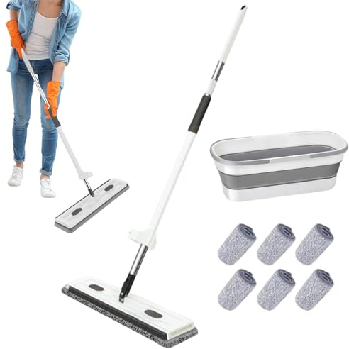 Grand Balai Plat Et Système De Seau, 360° Rotation Balai Serpillère Absorbant avec 6 Coussinets en Microfibre Réutilisables Secs Et Mouillés (Blanc+ 6 Pcs Rag + Seau)