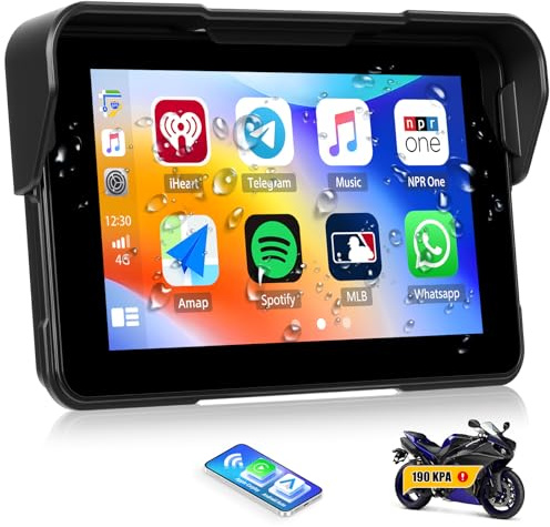 GOHHDL Tragbarer Motorrad Carplay Bildschirm mit Wireless CarPlay Android Auto, 5 Zoll IP68 Wasserdichter Motorcycle Navigationsgeräte mit Bluetooth Siri TF Port + Reifendruckerkennung