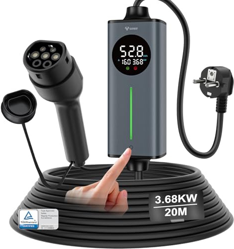 GONEO Chargeur Voiture Électrique 16a 3,68kW Schuko Type 2 20M | Capteur Température et Terre détection,CA 30mA + CC 6mA Protection | Temps et Courant réglables,Borne de Recharge Portable pour Maison.