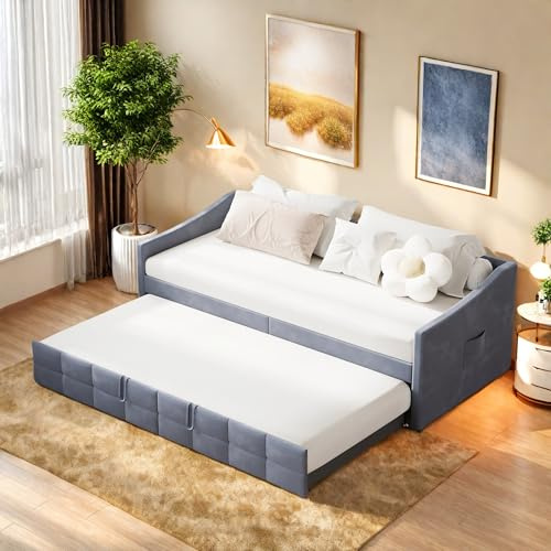SHAODENG Ausziehbett 90x200, Schlafcouch mit Bettkasten, Schlafsofa Ausziehbar als Jugendbett or GäStebett, Tagesbett 2 Sitzer für Wohnzimmer, Schlafzimmer, Grau, Samt, Ohne Matratze