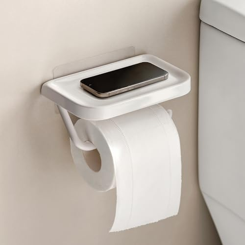 PAVSTINE Self Adhesive Toilet Roll Holder with Phone Shelf, ABS Multi-Functional Toilet Paper Holder, Wall Mounted Bathroom Accessories Tissue Roll Dispenser, White