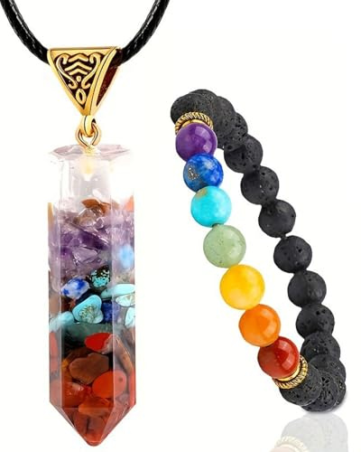 HUVZOR Juego de 2 piezas Chakras Collar con Colgante de Cristal & 7 Chakras Pulsera Joyas Set, Collar de Piedras Naturales Reiki Pulsera para Protección Curativa Energía Yoga Meditación Equilibrio