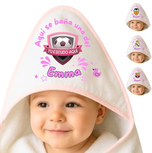 Personalisierbare Baby-Badetuch, 100 x 100 cm, Baumwollhandtuch für Neugeborene, personalisierbar mit Namen – originelle Geschenke für Babys – hergestellt in Spanien (Tu Team Rosa)