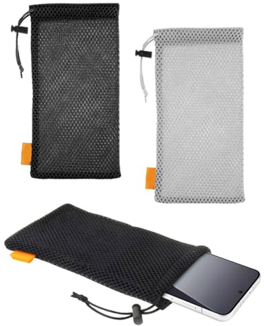 SOVYTH Set di 2 Sacchetto in Rete con Cordoncino, Piccola Custodia Spessa con Cordoncino in Poliestere, Pratica Custodia in Rete per Smartphone, Powerbank, Cuffie, Chiavi,Nero/Grigio