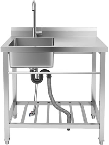 WFIETN ‎Freistehende Küchenspüle, 1 Becken Edelstahl Gastrospüle Spüle, Komplette Edelstahlspüle Spülenset mit Kalt und Warmwasserschläuchen, Benutzerfreundliches Design Spültisch (Links 80x55x84cm)