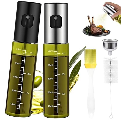 JOLYLINT 2PCS Oil Spray Bottle and Olive Oil Sprayer,100ml Glass Oil Spray, Silver and Black Caps for Easy Identification of Different Seasonings, Suitable for Air Fryers, Kitchens, Salads and BBQ