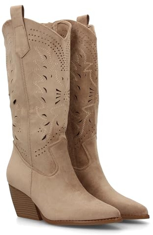 100373 Bota Alta de Mujer Estilo Cowboy con Diseno Troquelado Decorativo, Punta Fina y Tacon campero Diseno Western, Entretiempo Ideal para Uso Diario Primavera Verano Kaki Talla 36