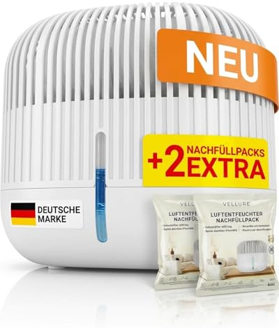 Vellure® Deshumidificador de diseño sin electricidad + 2 recambios de 600 g – Deshumidificador para baño, sótano, etc., hasta 25 m² + 2 deshumidificadores granulados de calidad profesional
