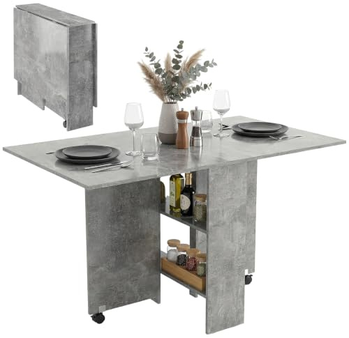 HOMCOM Tavolo da Pranzo Pieghevole con Ruote 140x80x74 cm Grigio Cemento | Tavolo Cucina a Ribalta, Ruote a Freno, per 4-6 Persone, Scrivania Richiudibile con Ripiani, per Soggiorno