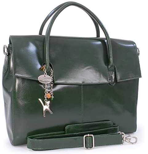 Catwalk Collection Handbags - Damen Leder Laptoptasche 17 Zoll - Arbeitstasche Extra Groß - Aktentasche mit Schultergurt - Helena - Grün