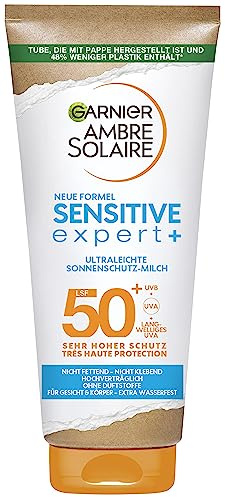 Garnier Sonnenschutzmilch mit LSF 50+, Sehr leichte und rückstandslose Sonnencreme für helle und empfindliche Haut, Ambre Solaire Sensitive expert+, 1 x 200 ml