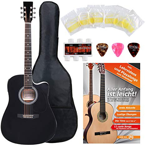 Classic Cantabile WS-10BK-CE Guitarra Western Dreadnought Cutaway 6 cuerdas, 20 trastes, con pickup. Incluye accesorios, funda, libro de partituras, cuerdas y púas. Color negro.