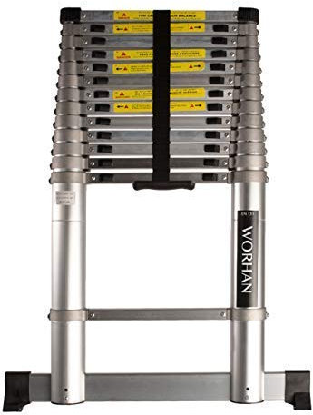 WORHAN® 4.4M TELESKOPLEITER MIT ALUMINIUMRINGEN ALULEITER ANLEGELEITER ALU TELESKOP LEITER MULTIFUNKTIONS LEITER MIT STABILISIERUNG 1AK4.4