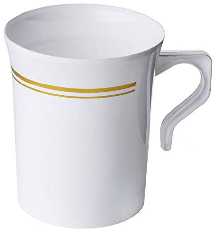 BloominGoods 50 Heavyweight Disposable White Plastic 8 oz. Coffee Mugs with Gold Trim | Tea, Cappuccino, Espresso Cups with Handles (50-Pack)