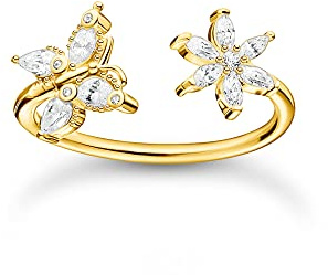 THOMAS SABO offener Ring in Gold, Schmetterling und Blüte mit Zirkonia Steinen, 750 vergoldung, 925 Sterlingsilber, Ringgröße 56, TR2355-414-14-56