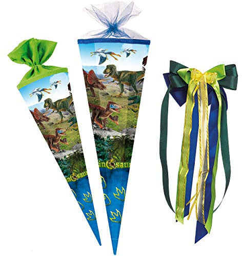 Schultüte - Dinosaurier - Dinosaurs/Dino - 85 cm - eckig - incl. große Schleife - Tüllabschluß - Zuckertüte - mit/ohne Kunststoff Spitze - Nestler - S..