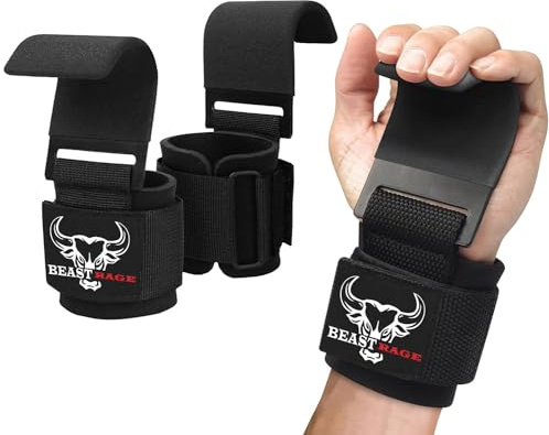 BEAST RAGE Ganci Sollevamento Pesi Polsini Imbottiti Elastici Uomo Donna Guanti da Palestra Allenamento Fasce Polsi Supporto Gomma Rivestito Impugnature Gancio Cinghie Spesso Lifting Straps