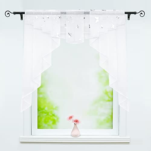 Delien Scheibengardinen 1 stück Voile Küche Bistrogardinen Café Kleinfenster Gardinen Kurzgardinen »Silberner Schmetterling« Kurzstores Kurzvorhang mit Kräuselband/Tunnelzug BxH 140x145cm,Weiß