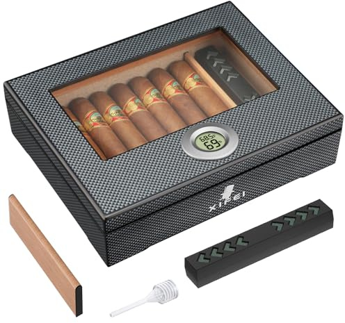 XIFEI Cigar Humidor, Glass Top Carbon Fiber Texture top Inlay Hygrometer,Including Cigar humidifier, Acrylic Cigar Stand,Cigar Ashtray and Humidor Solution, Holds 25-60 Cigars (9IN*7.5 * 2.8)