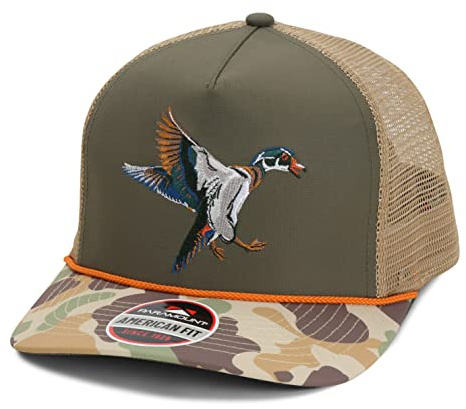 Paramount Outdoors Holzente, Trucker-Seilkappe, Netzrückseite, Vintage-Stil, Wasservögel, Ente, Jagdmütze in Olivgrün