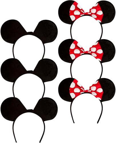 Pack of 6 Adult Mickey & Minnie Mouse Ears Headbands - Classic Black with Red & White Polka Dot Bow - Fancy Dress Costume Accessory for Parties, Halloween & Disney Themed Events