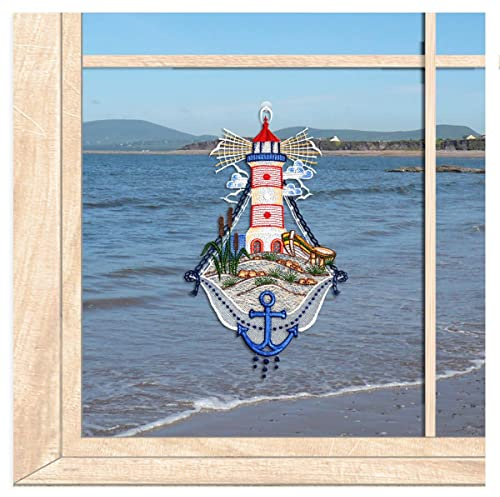 Maritimes Fensterbild Leuchtturm | HxB 33x20 cm | Inkl. Saugnapf | atelier alles-Spitze Wiederverwendbare Fensterdeko aus hochwertiger Vogtländische Luft-Spitze, Badezimmerdekoration