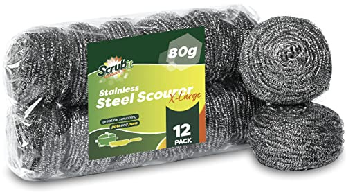 12 Pack Stainless Steel Scourers by Scrub It – Steel Wool Scrubber Pad Used for Dishes, Pots, Pans, and Ovens. Easy scouring for Tough Kitchen Cleaning. (X Large (80 gram))